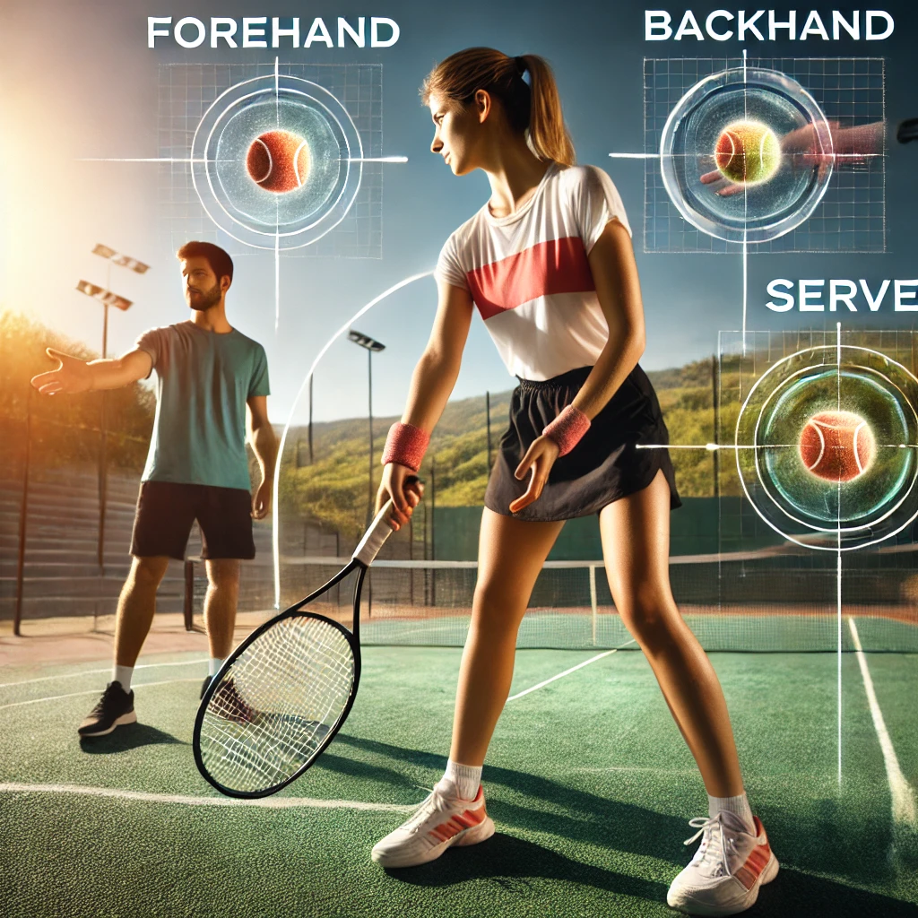 A tennis player learning the forehand technique on a sunny court, with a coach in the background guiding them through mastering the forehand, backhand, and serve