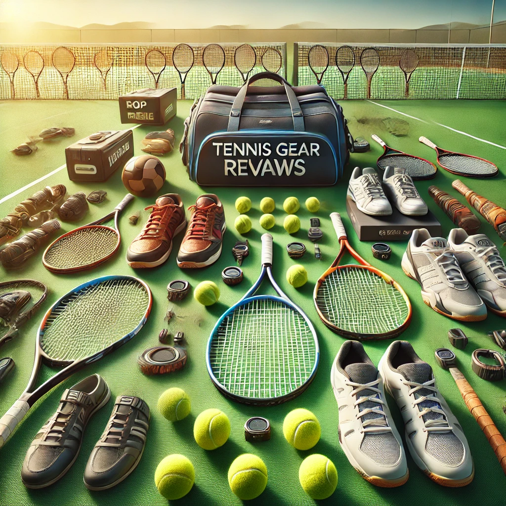 Various tennis equipment, including racquets, balls, shoes, and accessories, arranged on a tennis court, representing a tennis gear review